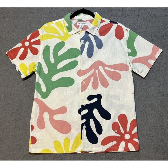 Free Assembly Seersucker Camp Shirt Kids XXL 18/ Adult Small Floral Paint Splat - Picture 1 of 8